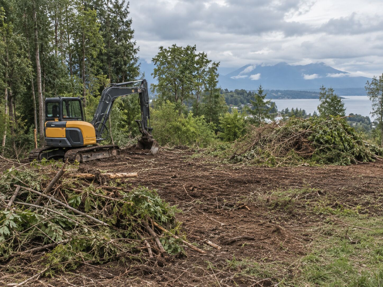 Excavadora despejando terreno con vista a lago