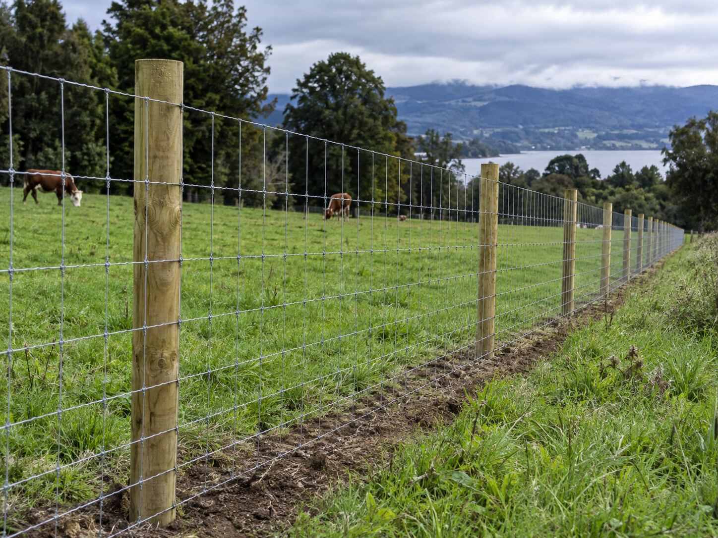 Cerco con malla ganadera en potrero con vacas
