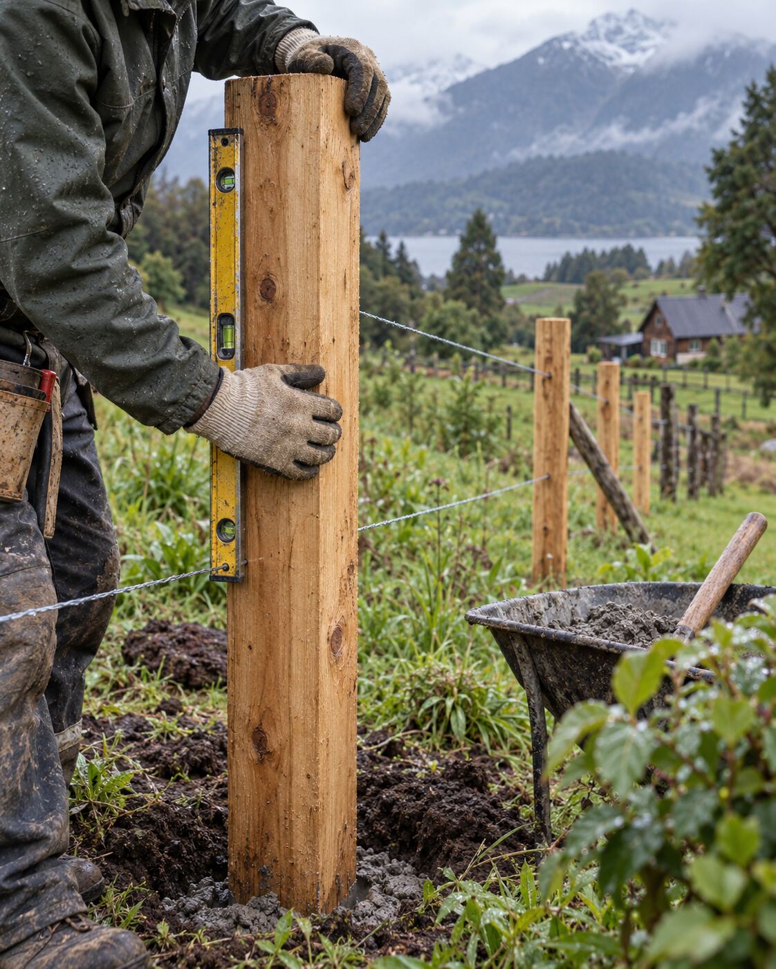 Trabajador instalando poste de cerco con nivel, montañas de fondo